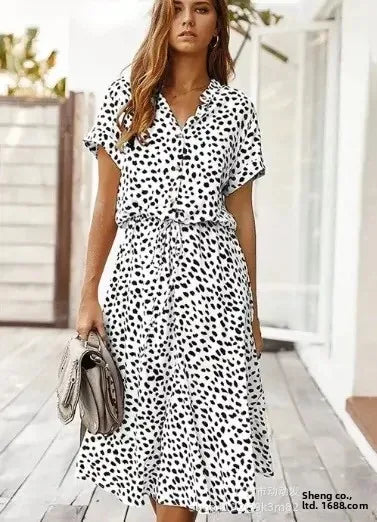 New Fashion Women's Polka Dot Print Short Sleeve Midi Dress Cotton Summer New Arrival Knee-Length Stand Collar Regular Waist