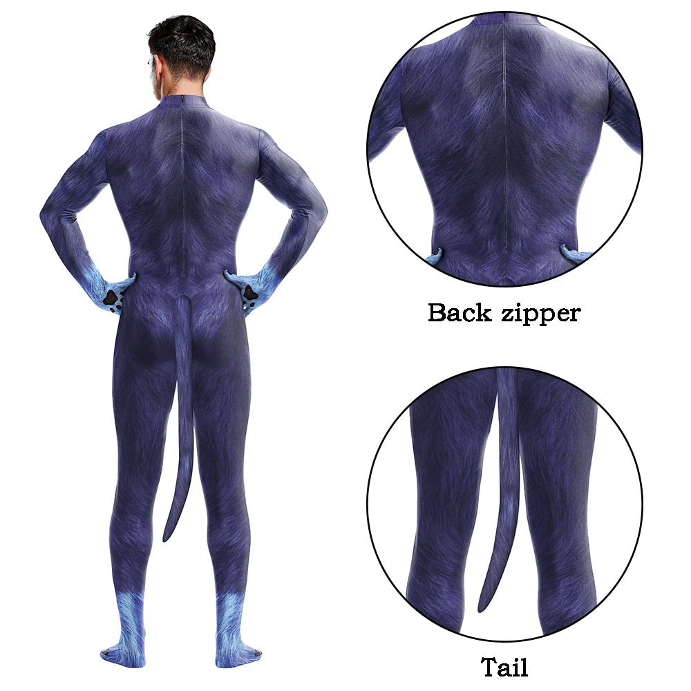 Halloween Cosplay Costume Male Adult Full Cover Elastic Zentai Pet Suit Jumpsuit Print Catsuit Bodysuits with Tail Purim Clothes
