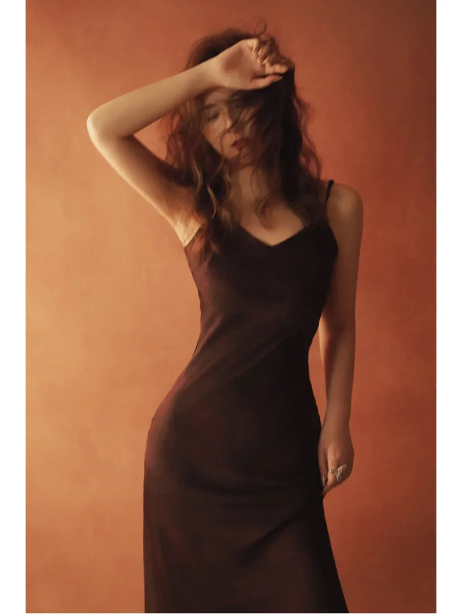 2025 New Elegant women's fashion silk satin texture MIDI dress sexy backless party slip dress