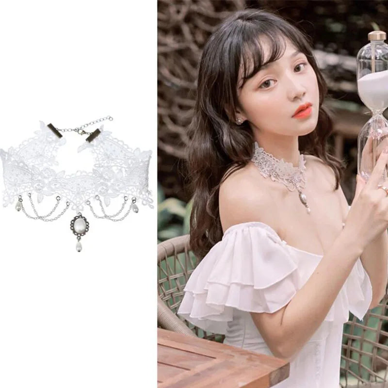 Sweet New Wavy Flower White Lace Imitation Pearl Pendant Clavicle Chain Choker Necklace for Women Wedding Jewelry