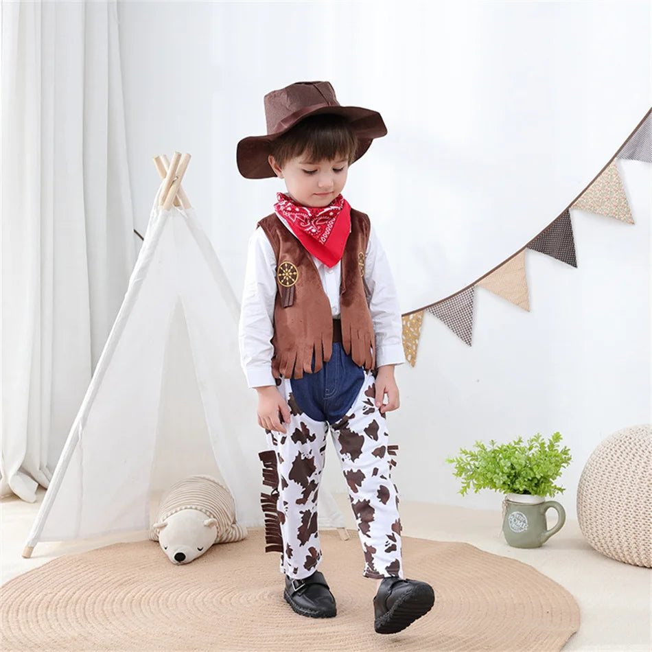 Kids Cowboy Cosplay Event Festival Outfits Boys Holiday Vest Pants Hat Set Children Carnival Birthday Xmas Party Costume 6M-12Y