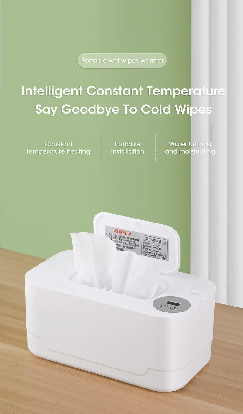 Portable Baby Wipe Warmer with LED Display, USB Charging & Auto Dispenser for Home and Car Use