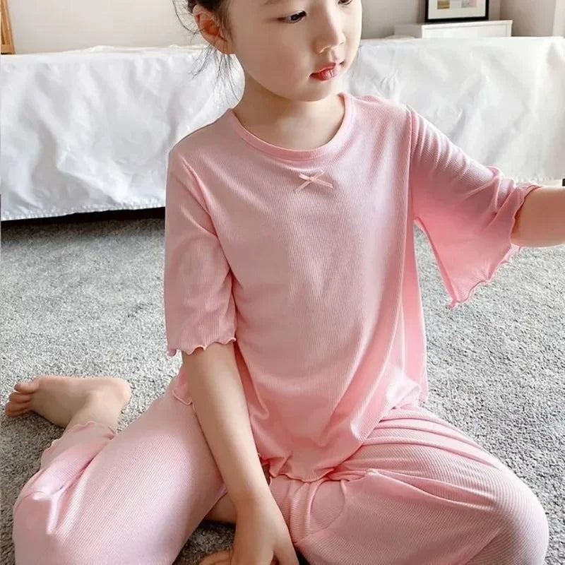 Girls Ice Silk Set Thin Children Homewear Clothes Summer Kids Air Conditioning Short Sleeve Children Sets Girl Pajamas Outfit