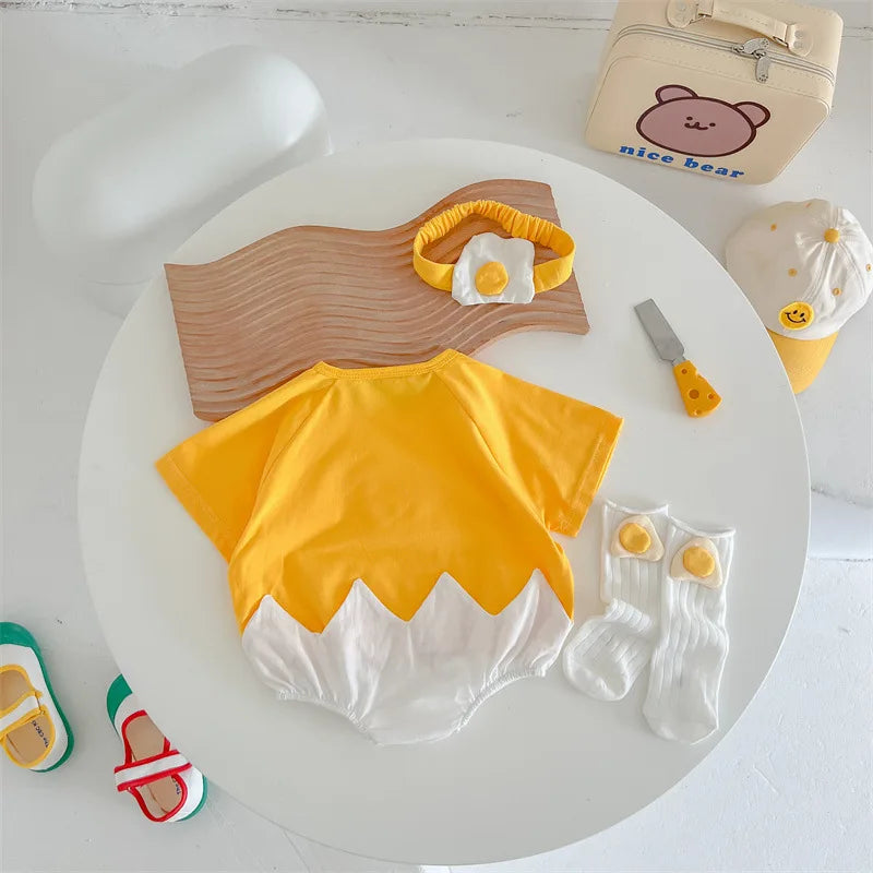 Summer Baby Newborn Romper Fried Egg with Headband Yellow Toddler Clothing Short Sleeve Infant Bodysuit Set 0-2Y Cute Jumpsuit