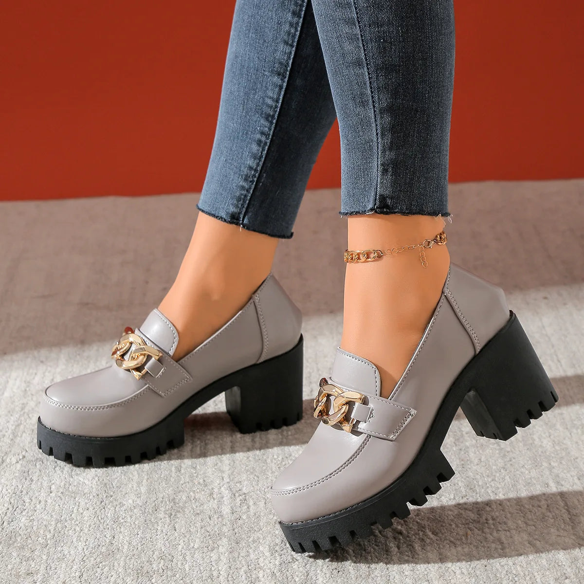 Women's Large Size Thick Heel Slip-On round Toe Leather Shoes Spring Autumn New Style Korean Style PU Leather Mid Heel
