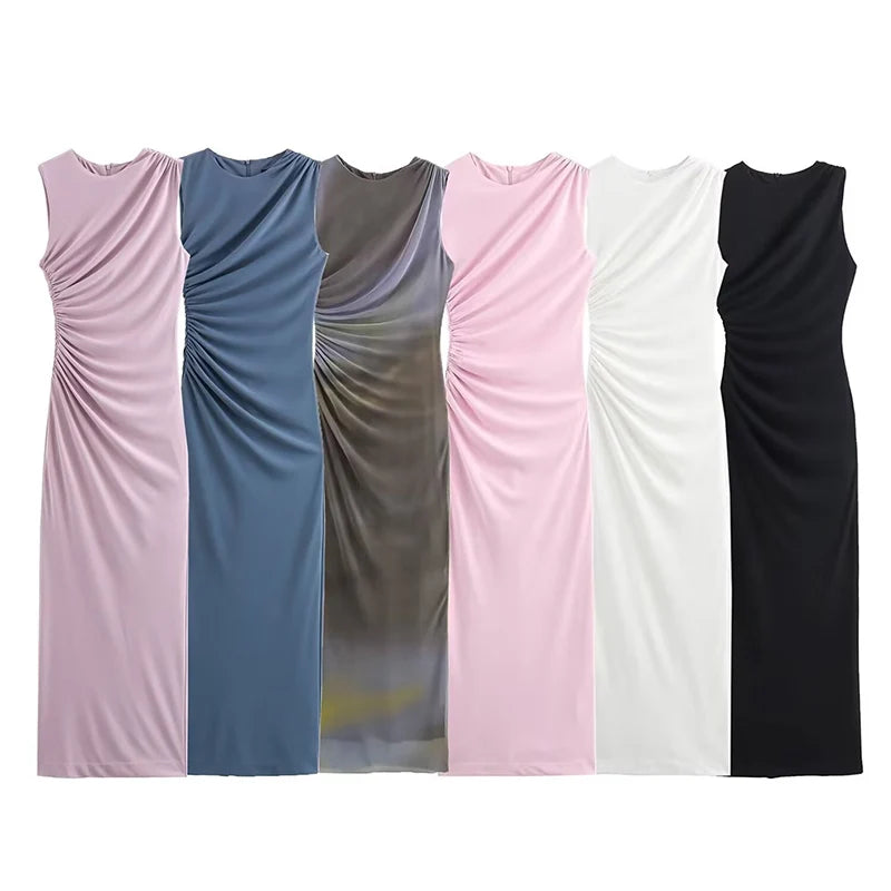 Autumn O-Neck Sleeveless Mesh Pleated Midi Dress Women Back Zipper Decoration Slim Vest Dress Female Sexy Elegant Wear 2025 New
