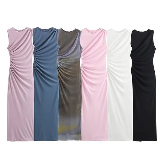 Autumn O-Neck Sleeveless Mesh Pleated Midi Dress Women Back Zipper Decoration Slim Vest Dress Female Sexy Elegant Wear 2025 New