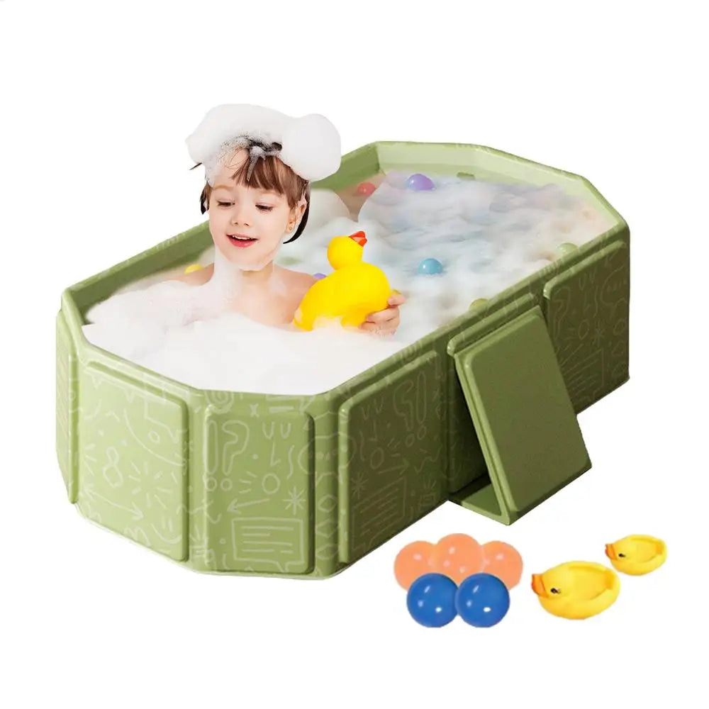 Foldable Bathtub for Kids Toddler Bath Tub with Drain Plug Foldable Baby Shower Tub with 5 Balls and 2 Ducks Green White