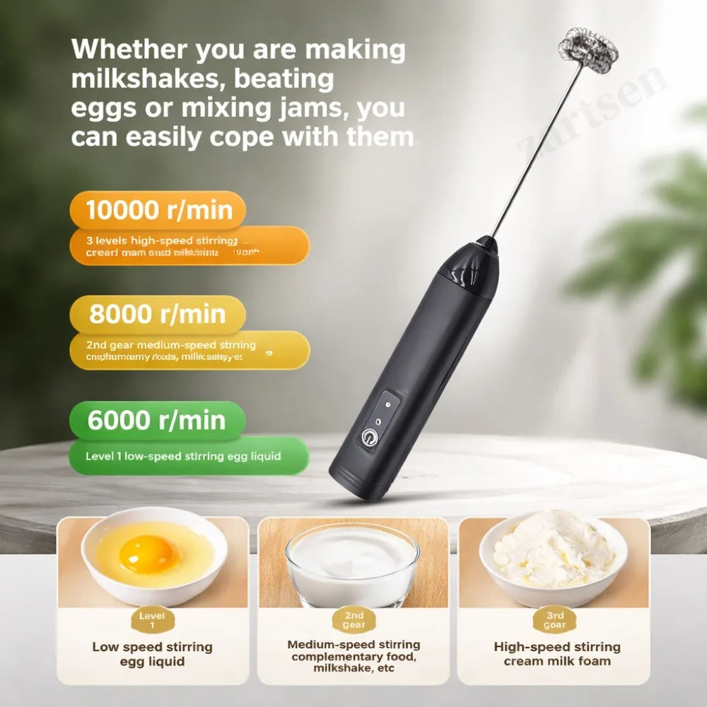 Electric Coffee Frother 2 In 1 Rechargeable Type-C Blender Stainless Steel 3 Speeds Milk Mixer Egg Beater Handheld Foam Maker