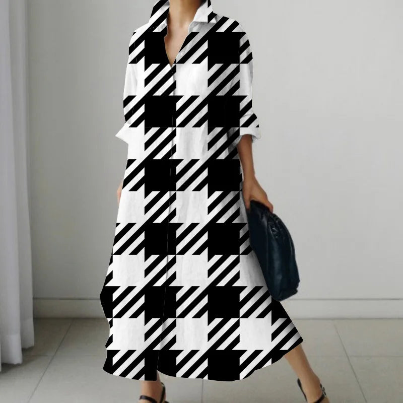 Women's Shirt Dress 2023 Trendy Patchwork Vintage Spot Print Shirt Fall Out Office Dress Loose Casual Lapel Pocket S-5Xl
