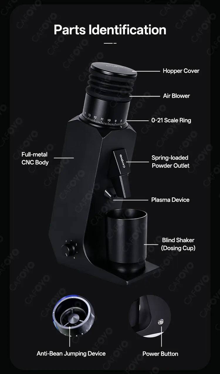 CAFOVO G255CV Single-Dose Coffee Grinder 55mm Conical 7-Core Burr Speed Range 100–400 RPM for Espresso and Pour-over Coffee Mill