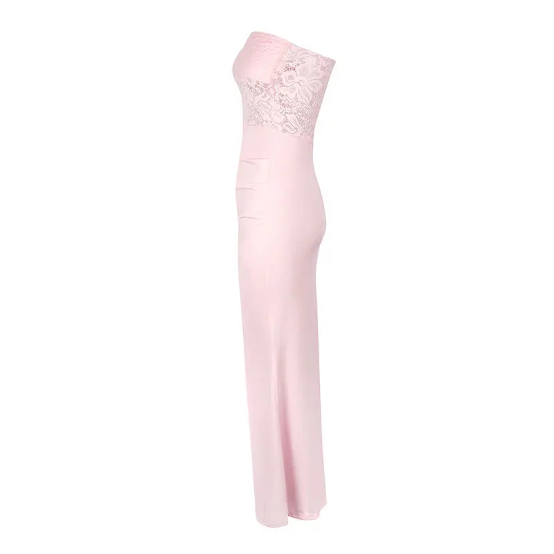 Summer New Women Maxi Dresses Pink Sexy Lace Sweet Sleeveless Backless Dress Streetwear Fashion Casual Slim Lady Dress Clothing