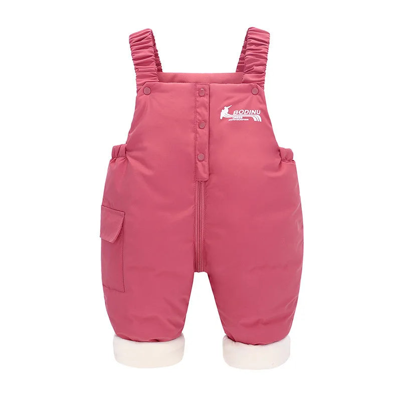 2025 Autumn Winter Baby Boys Overalls Solid Color Lining Plush Keep Warm Jumpsuit For 1-4Y Toddlers Kids Down Cotton Trousers