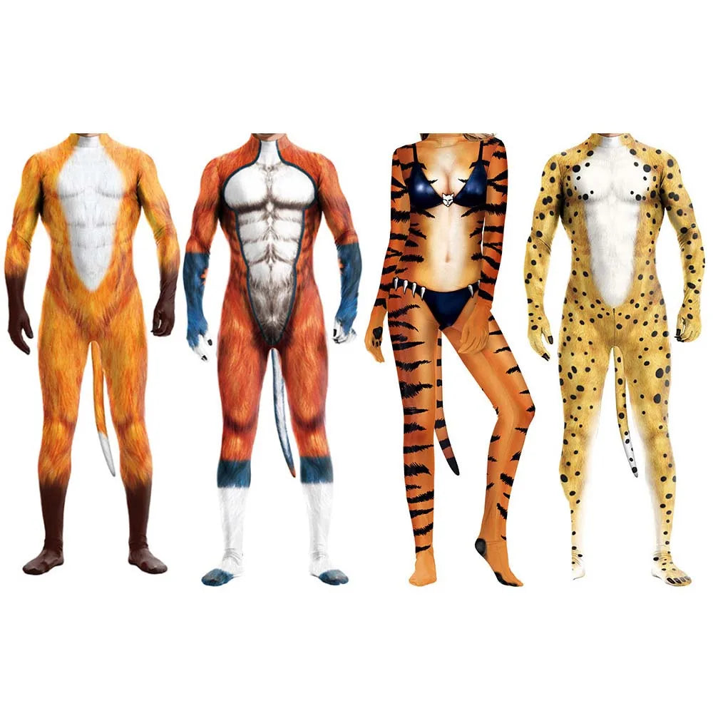 Halloween Costume  Adult Mens Wild Animal Cosplay Costume Full Cover 3D Print Beast Petsuit Jumpsuit Bodysuit Tail
