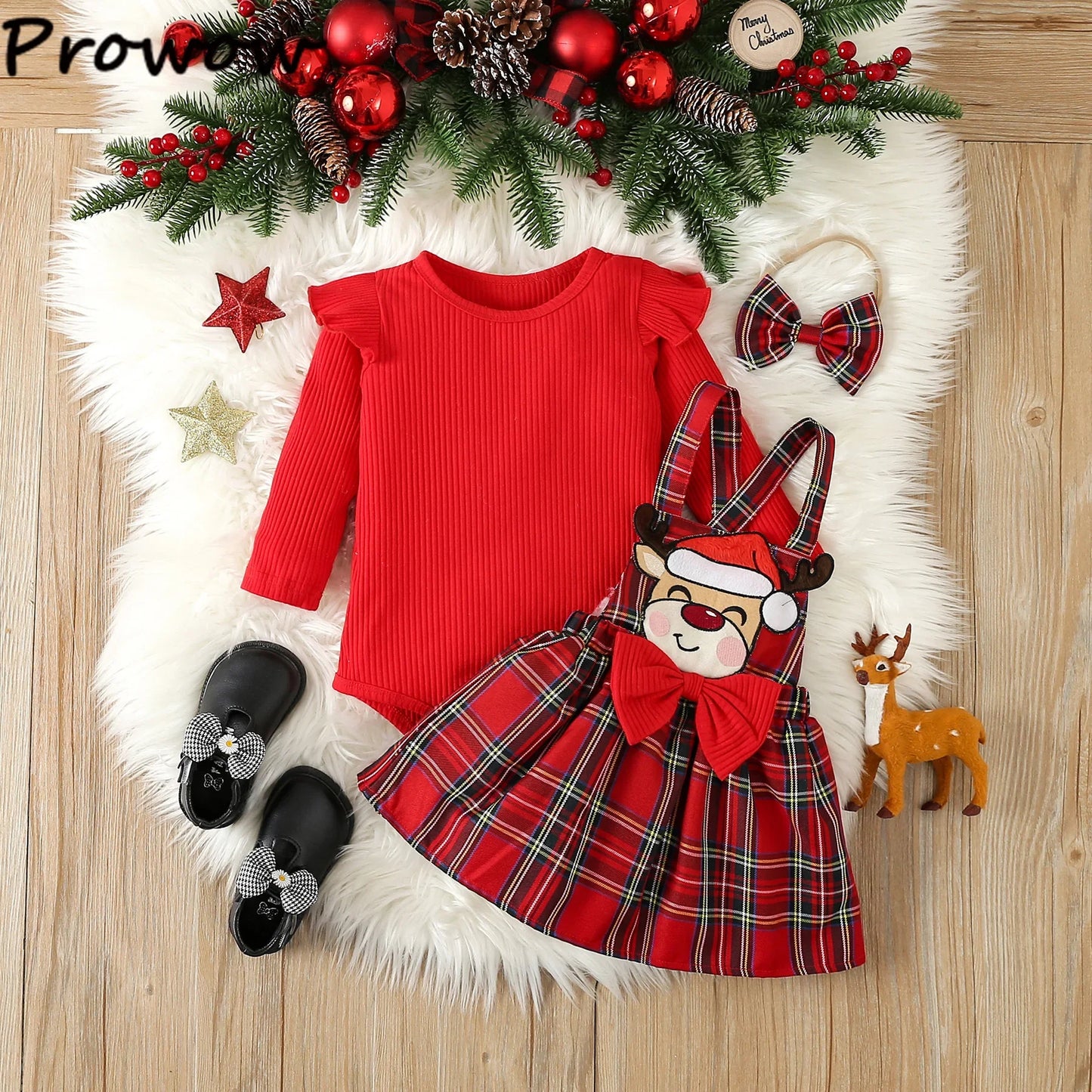 Prowow Baby Girls Christmas Outfits Set Red Bodysuit+Plaid Deer Suspender Dress Set 3pcs My First New Year Costume For Baby 2026