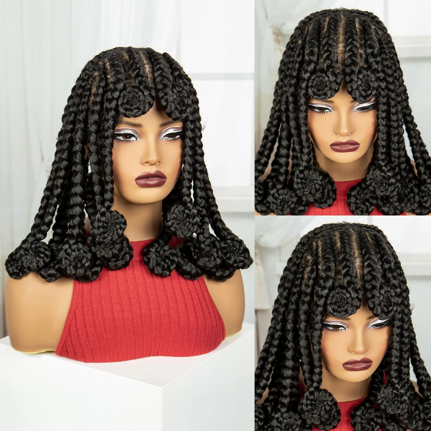 Synthetic Full Lace Bantu Braids Wig with Baby Hair 14Inch Natural Lace Front Braided Wig Handmade Cornrow Braid for Black Women