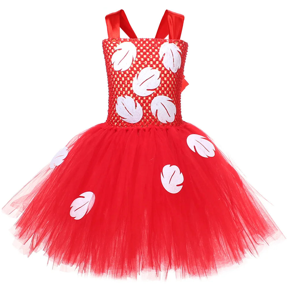 Halloween Costume for Girls Chirdren Summer Red and Green Floral Hawaiian Party Dress with Wreath Outfit for Halloween