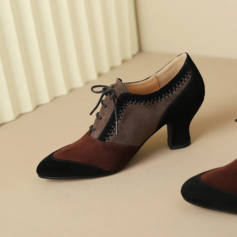 2025 New Spring Autumn Retro Mature Women Pumps Office Ladies High-heeled Lace-Up Genuine Leather Suede Shoes Woman High Quality