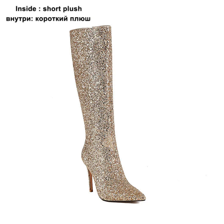 Ochanmeb Sexy Stiletto Heels Silver Red Glitter Boots Women Thin High Heeled Bling Bling Gold Sequined Knee-high Long Boot Party