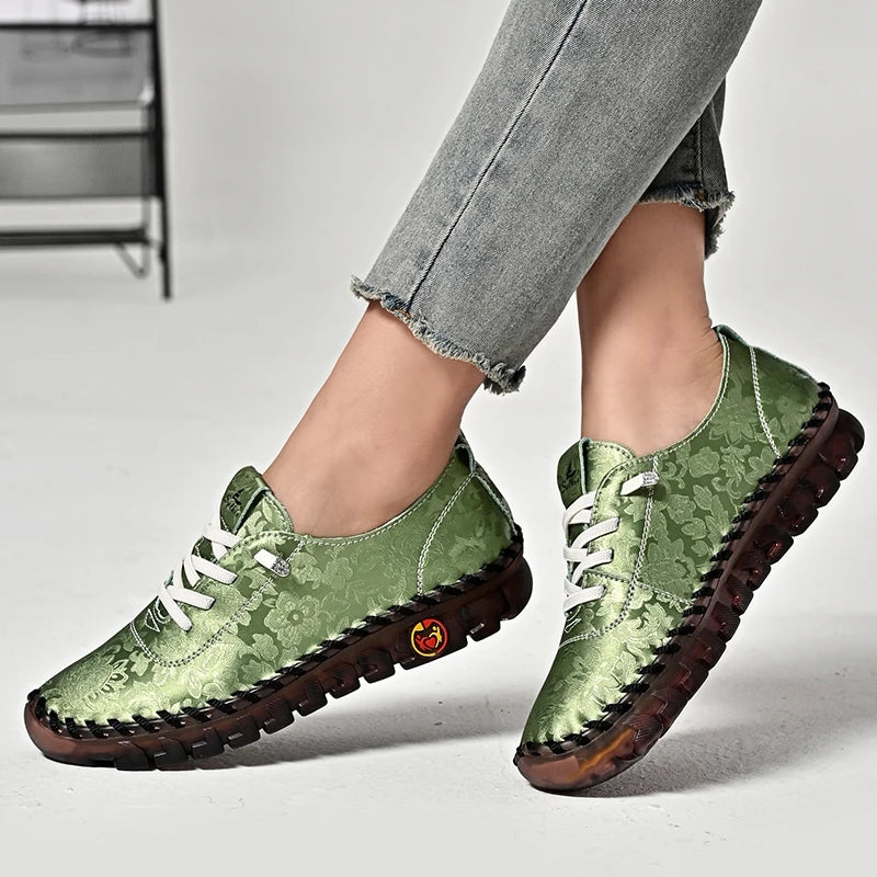 Print Fashion Sneakers Women Hand-stitching Leather Casual Shoes Design Platform Loafers Breathable Flats Shoe Driving Plus Size