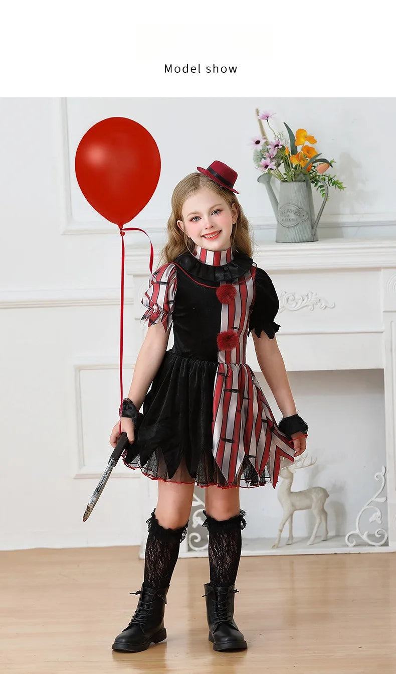 Halloween Cosplay Costumes Horror Clown Dresses Pants Headwear Clothes Sets Carnival Theme Party Role Playing Outfits for Girls