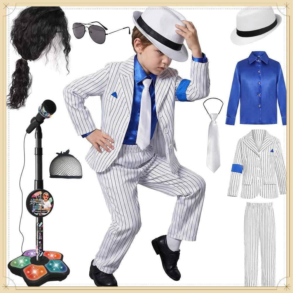 Halloween Carnival Boys Jackson Costume Dancer Singer Moonwalk Stage Outfits 80s Pop Rock Superstar Dress Up White Striped Suit