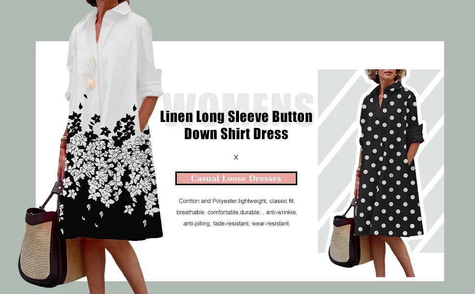 Women's Shirt Dress 2023 Trendy Patchwork Vintage Spot Print Shirt Fall Out Office Dress Loose Casual Lapel Pocket S-5Xl