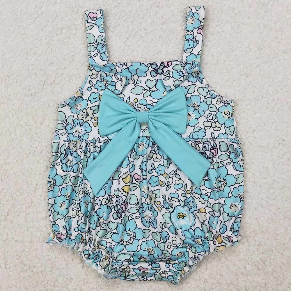 Hot Sale Baby Girls Rompers Blue Flutter Sleeves Bows Ruffle Rompers Boutique Toddler Girls Bubbles Summer Rompers Girls Onesie
