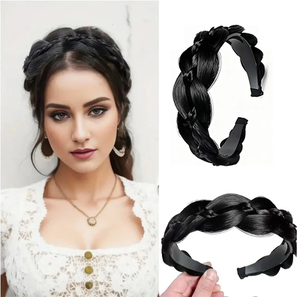 Synthetic Ladies Hair Wide Fishbone Braids Non-slip Headband Handmade Retro Headband Styling Headwear Accessories