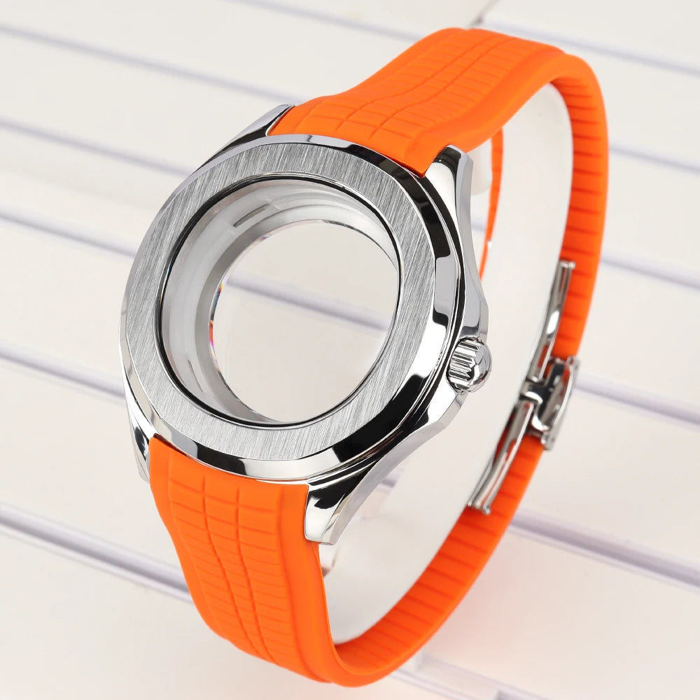 42mm Silver NH35 Watch Case Polished Brushed Black strap SapphireGlass For Nautilus AQUANAUT Cases Part NH35 NH36 NH38 32mm Dial