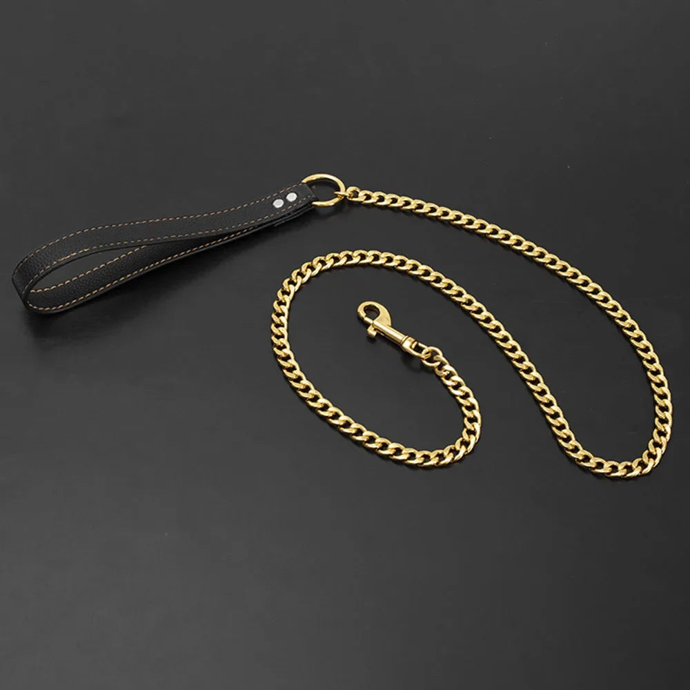 Stainless Steel Gold Chain Dog Leash Metal Chew Proof Heavy Duty Dog Leash Chain with Leather Padded Handle for Large Medium Dog