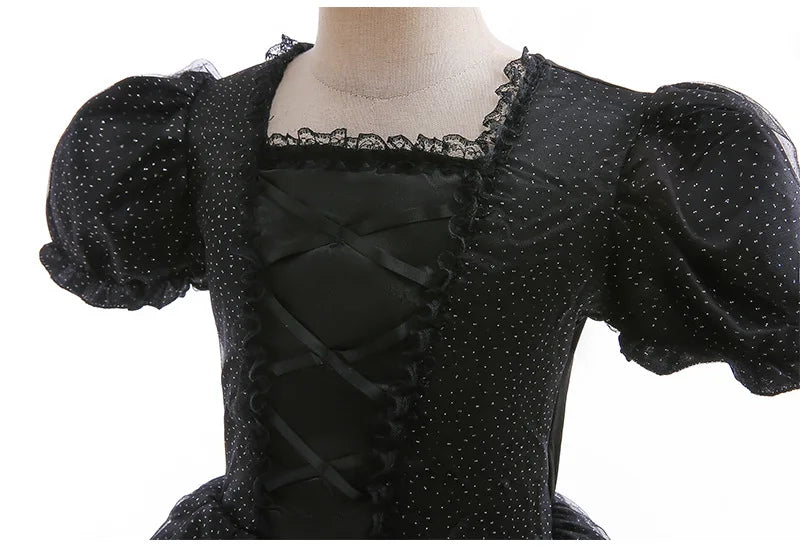 Halloween Costume For Kids Black Witch Dress Luxury Lace Sequin Evil Role Playing Costume Maleficent Dress Up Outfit Ghost Bride