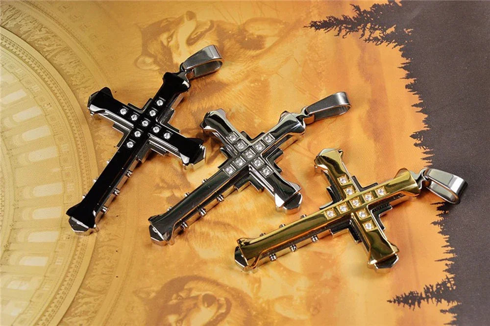 2024 New Male Crystal Cross Jesus Pendant Gold/Black/Blue Color Zirconia Cross Pendant Necklace Stainless Steel Jewelry