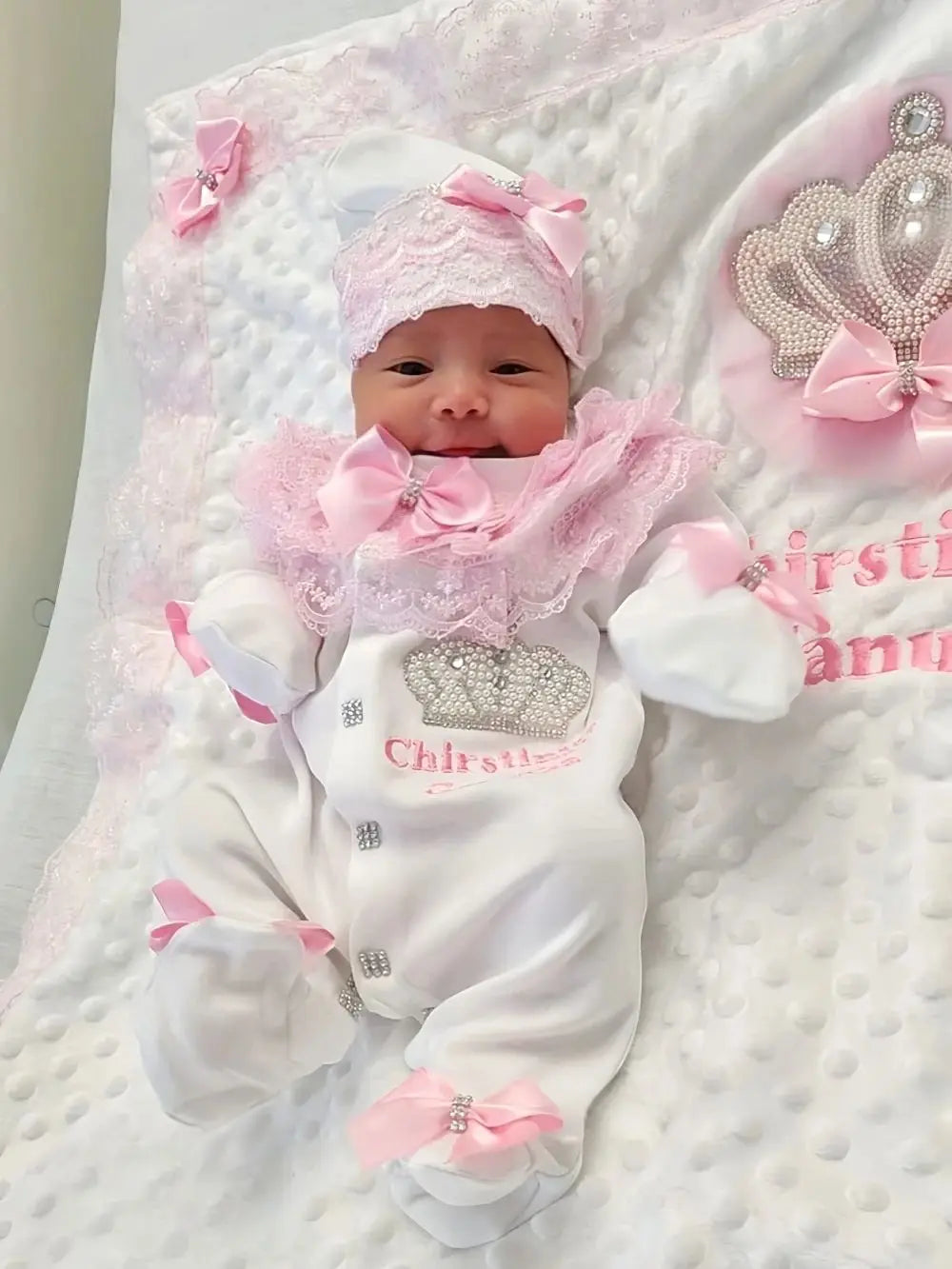 5pcs Newborn Baby Embroidery Lace Romper Outfit Clothing Cotton Infant Wrapped Baby Products Pants Mittens Receiving Blanket