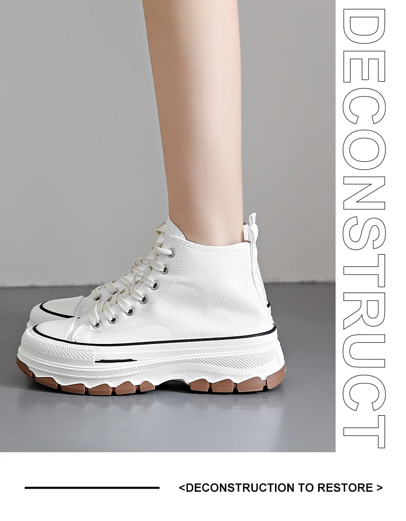 2026Women Canvas Shoes High Top Women's Vulcanize Shoes Lace-Up Casual Ladies Sneakers Plarform Non-slip Round Head Female Shoes