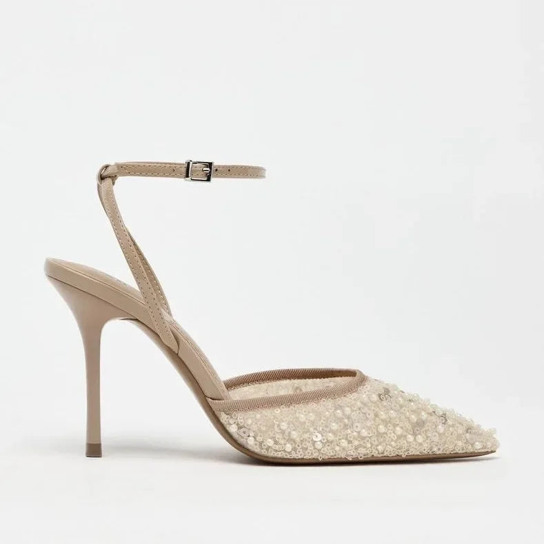 Pumpkin Color Diamond High Heels Pointed Toe Backless Sandals Evening Shoes Low Heel Single Shoes Rubber Upgraded Version