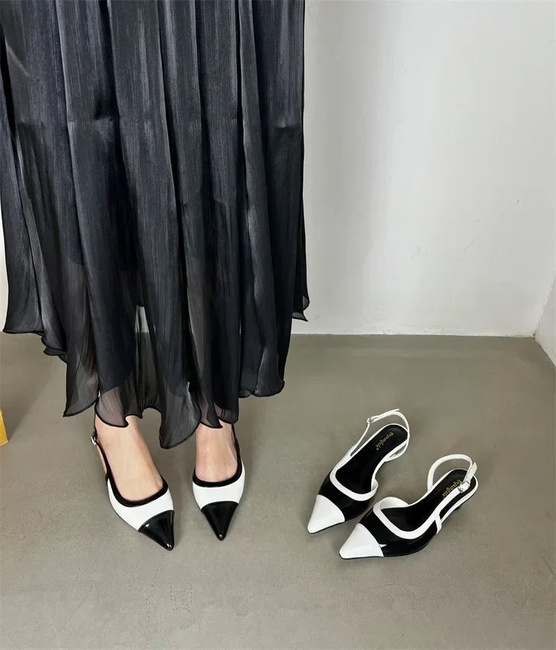 Designer Black White Mixed Color Low Heeled Sandals Women Sexy Pointed Toe Slingbacks Chunky High Heels for Women Elegant Heels