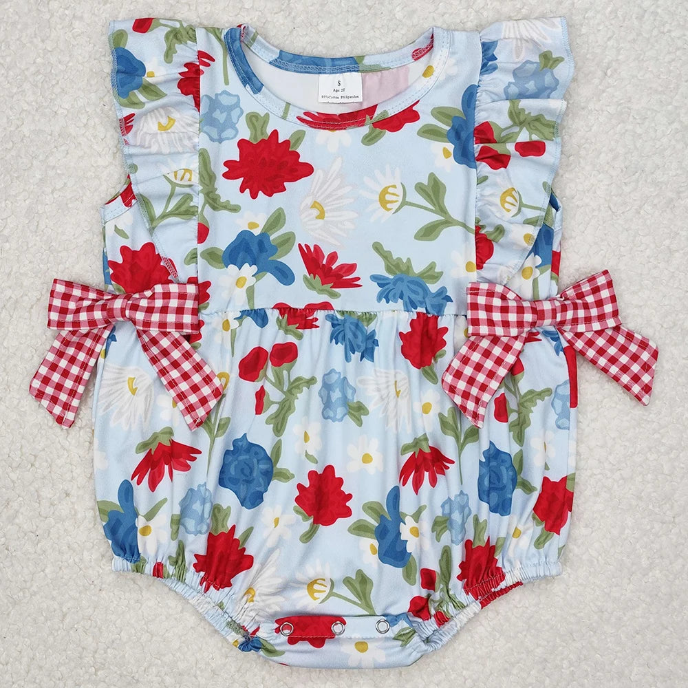Hot Sale Baby Girls Rompers Blue Flutter Sleeves Bows Ruffle Rompers Boutique Toddler Girls Bubbles Summer Rompers Girls Onesie