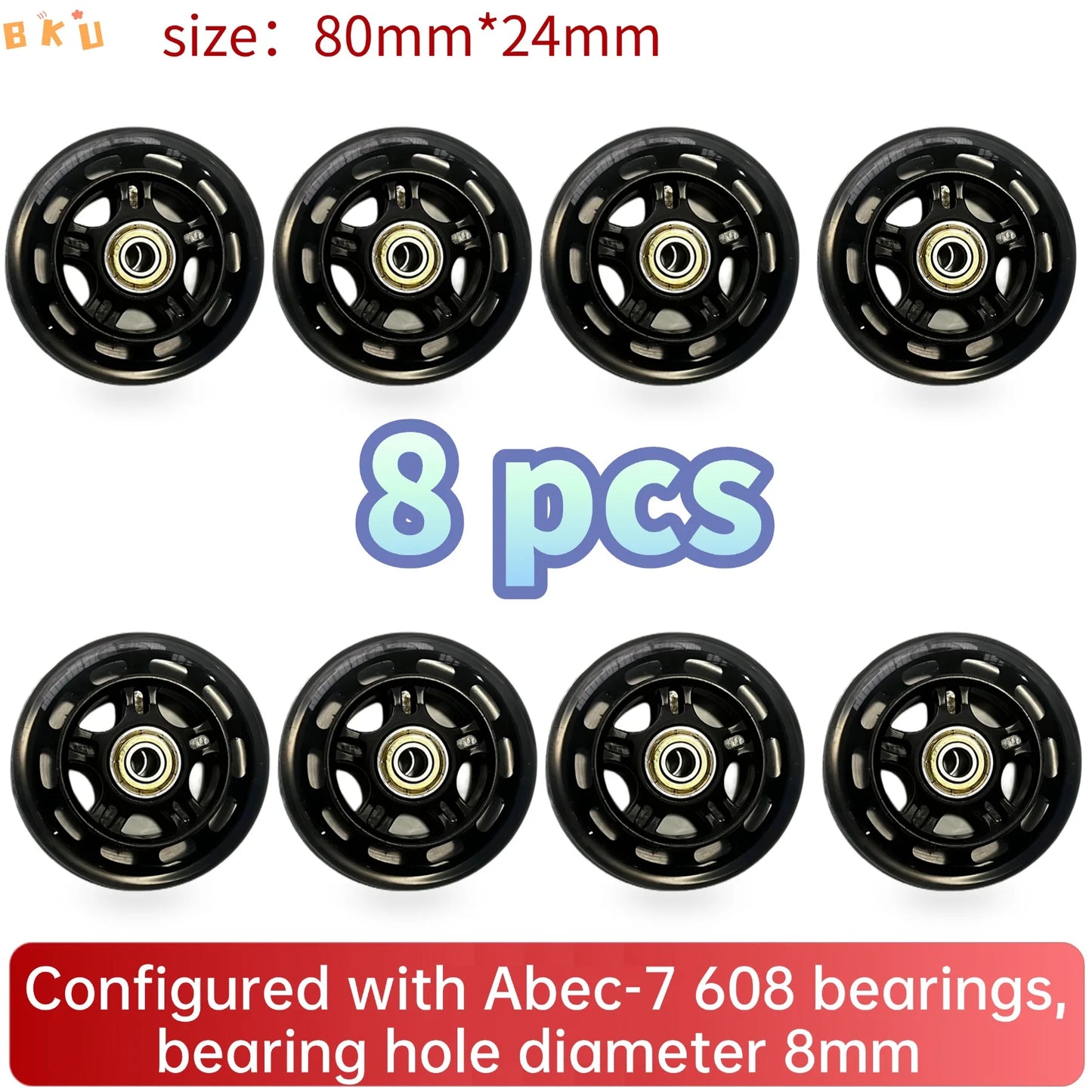 BKU 80mm PU Durable Replacement Wheels (8PCS) - Compatible with Inline Skates Scooters Strollers Suitcases