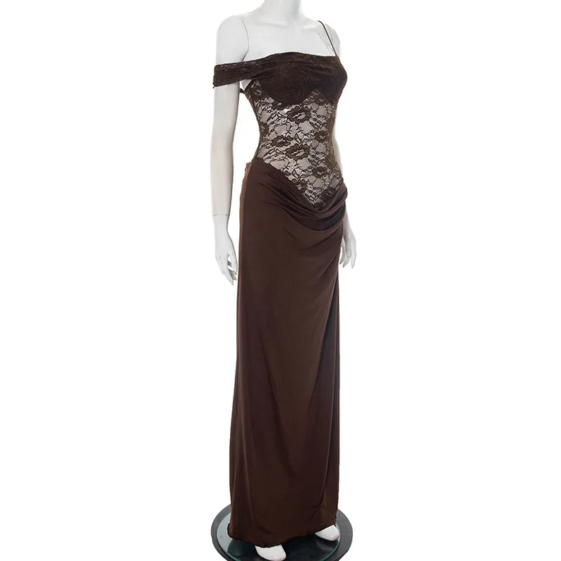 XIAOTANG One Shoulder Lace See Through Sexy Maxi Dress Women Gown Fashion Off-shoulder Sleeveless Backless Club Long Dresses