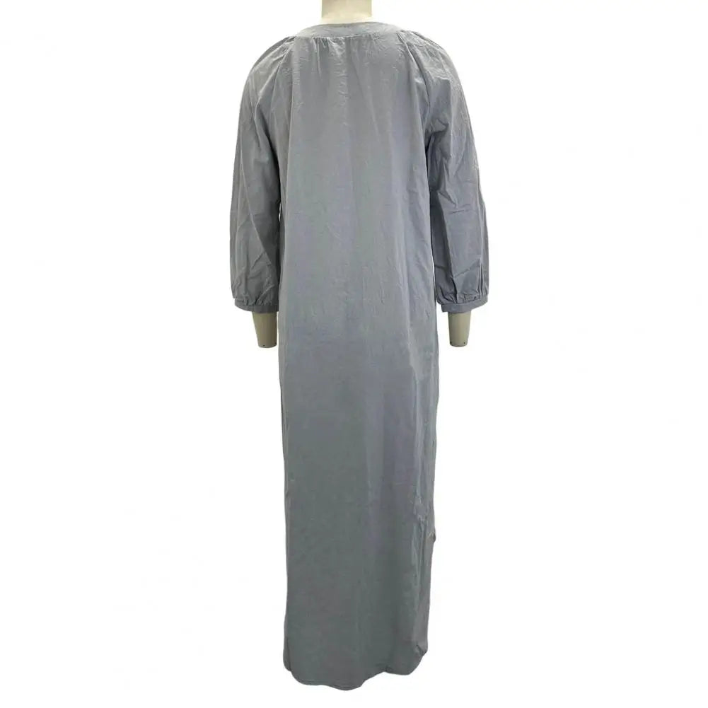 Spring Autumn Women Long Dress Loose Button-down 3/4 Sleeves Maxi Dress Pure Color V Neck Cardigan Casual Dress For Daily Wear
