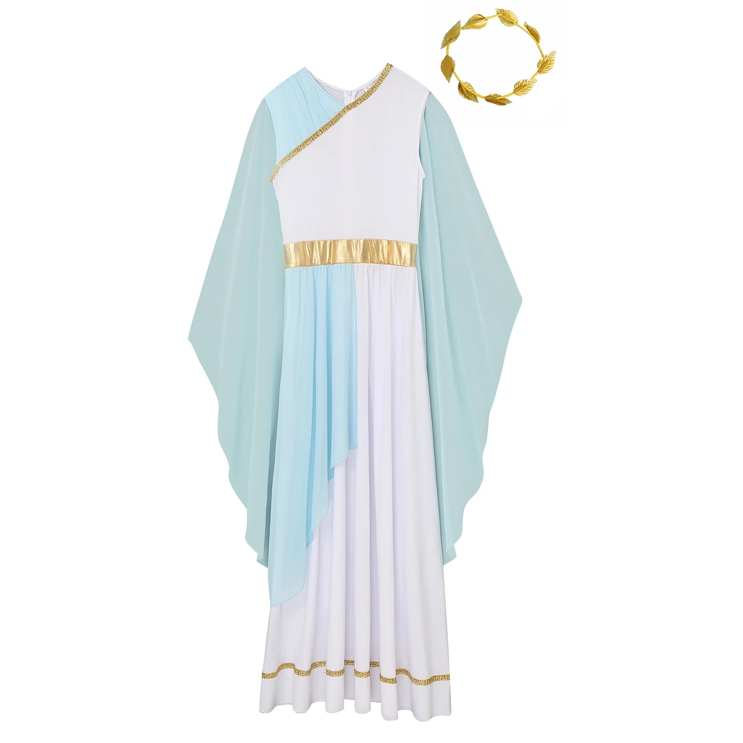 Womens Halloween Greek Beauty Carnival Cosplay Party Costumes Gold Leaves Garland Headwear And Cap Sleeve Ancient Toga Dress