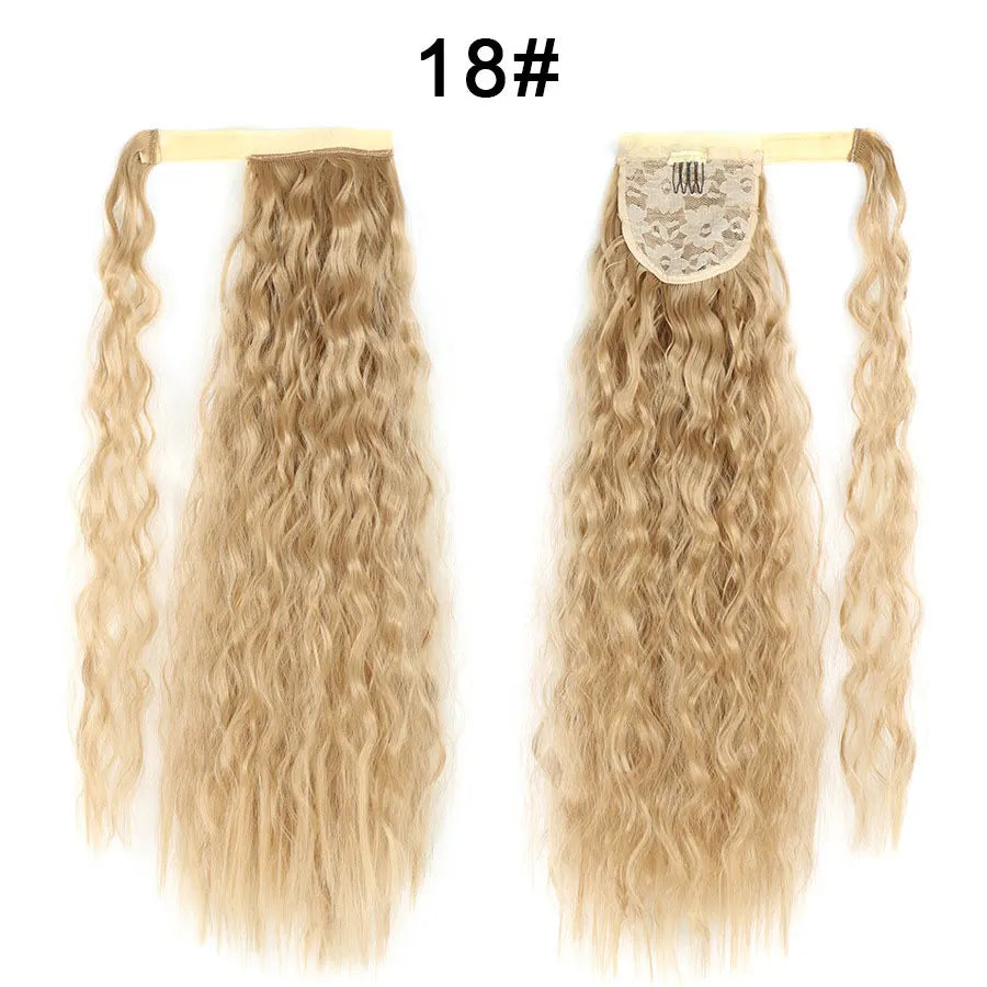 Synthetic Long Corn Wave Ponytail Extension Magic Paste Heat Resistant Wavy Wrap Around Ponytail Black Hairpiece for Women
