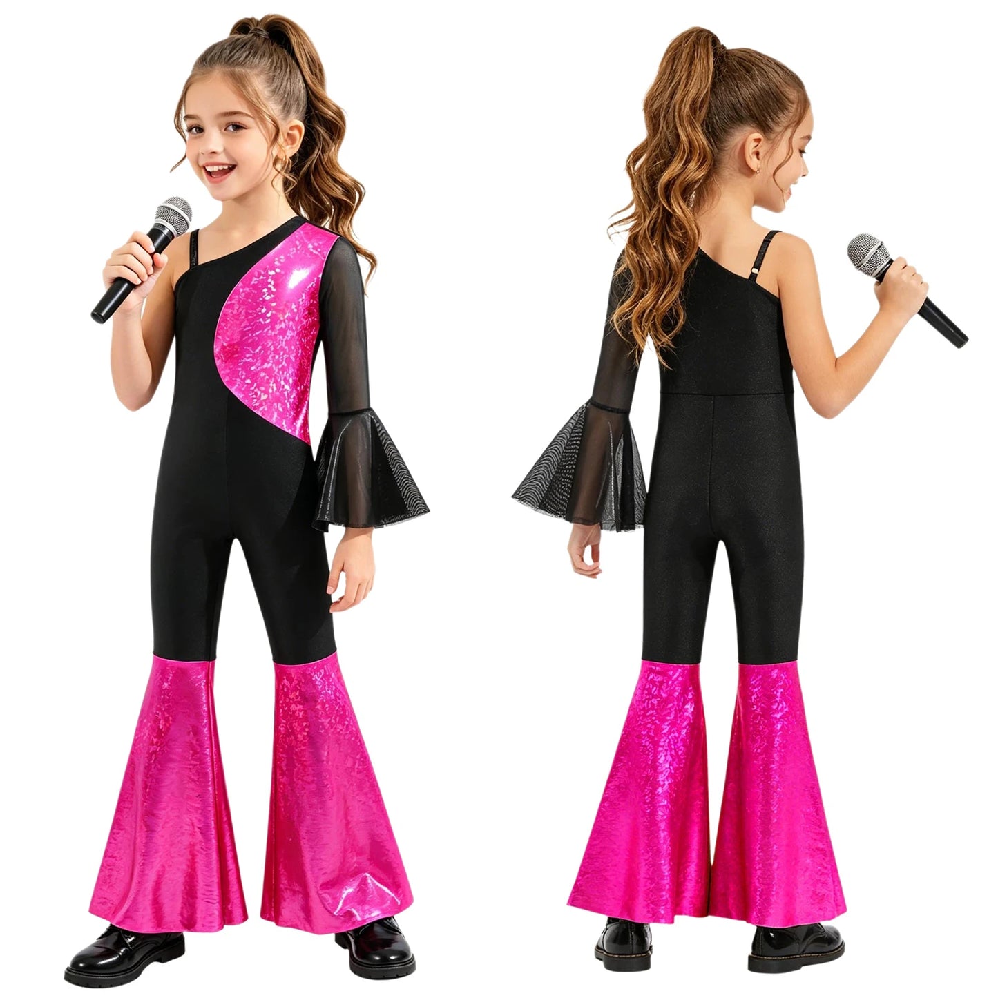 Kids Girls Hippie Halloween Costume Tassels Unitard Bell-bottom Long Pants Bodysuit Jumpsuit Disco Dance 60s 70s Rave Party Wear