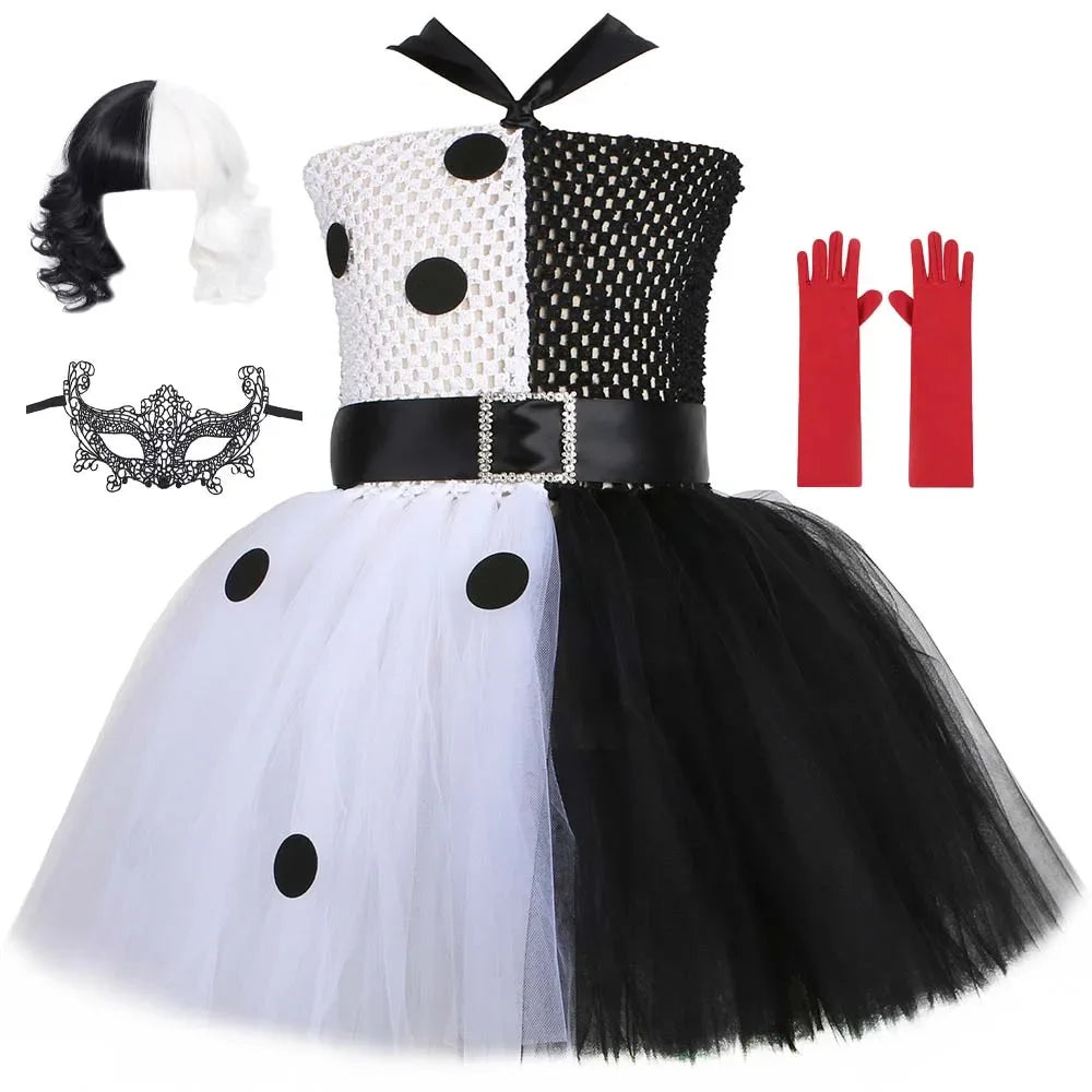 Halloween Crulla Cosplay Costume Cruella Tulle Dress Party Girls Black White Carnival Kids Cruella Wig Lace Mask Suit Clothes