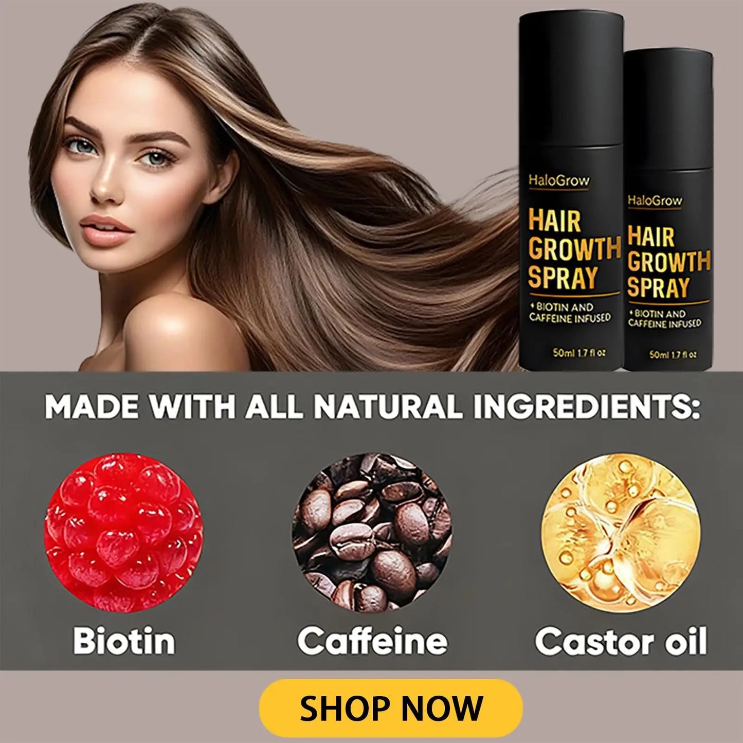 HaloGrow Hair Growth Spray Biotin Caffeine Castor Oil Infused Reduce Hair Loss Ginger Strengthen Root Advanced Hair Growth Spray