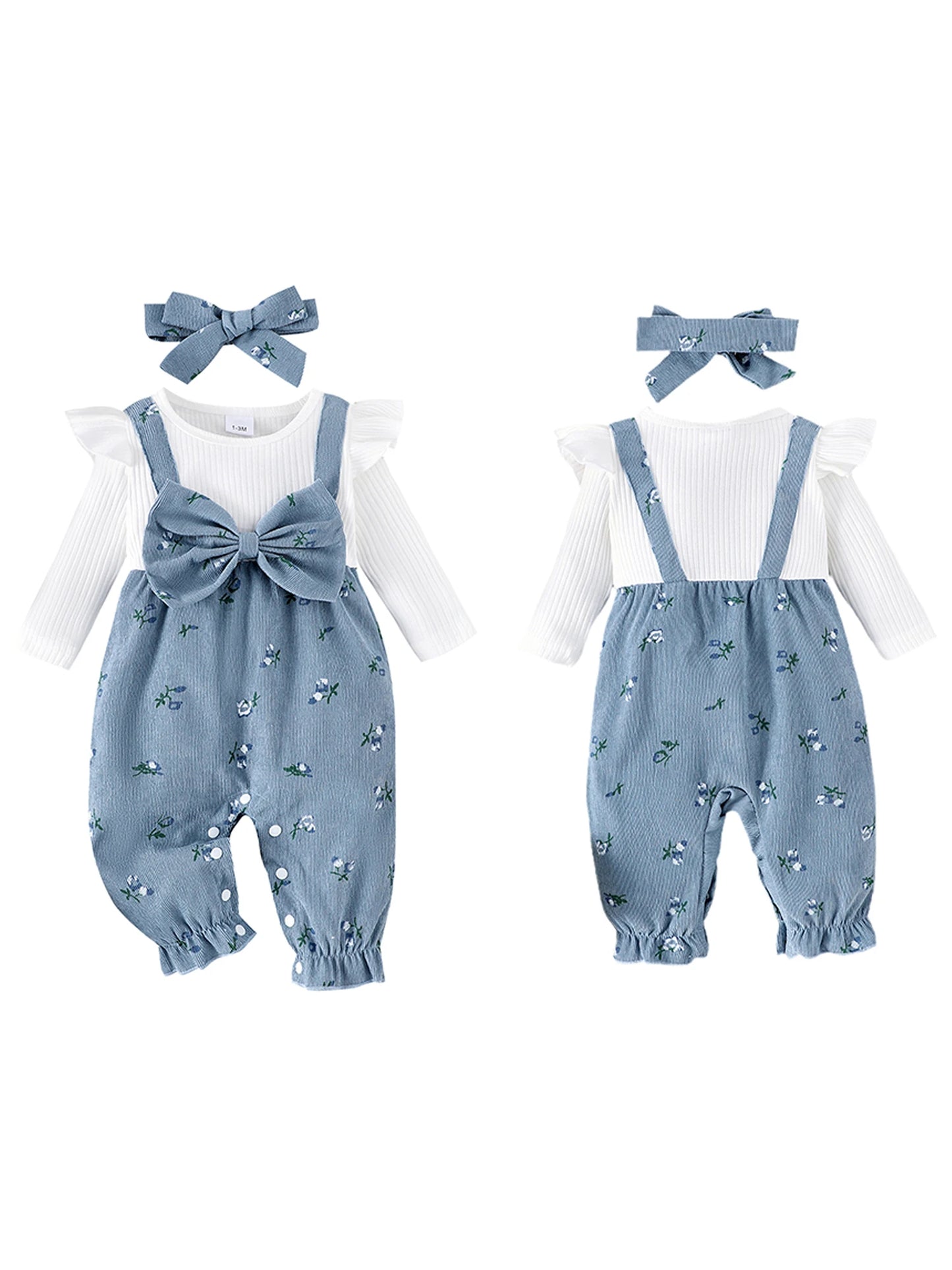 Sweety Baby Girls Long Sleeve Romper Floral Print Fake Two Pieces Patchwork Bow Jumpsuits Headband Set