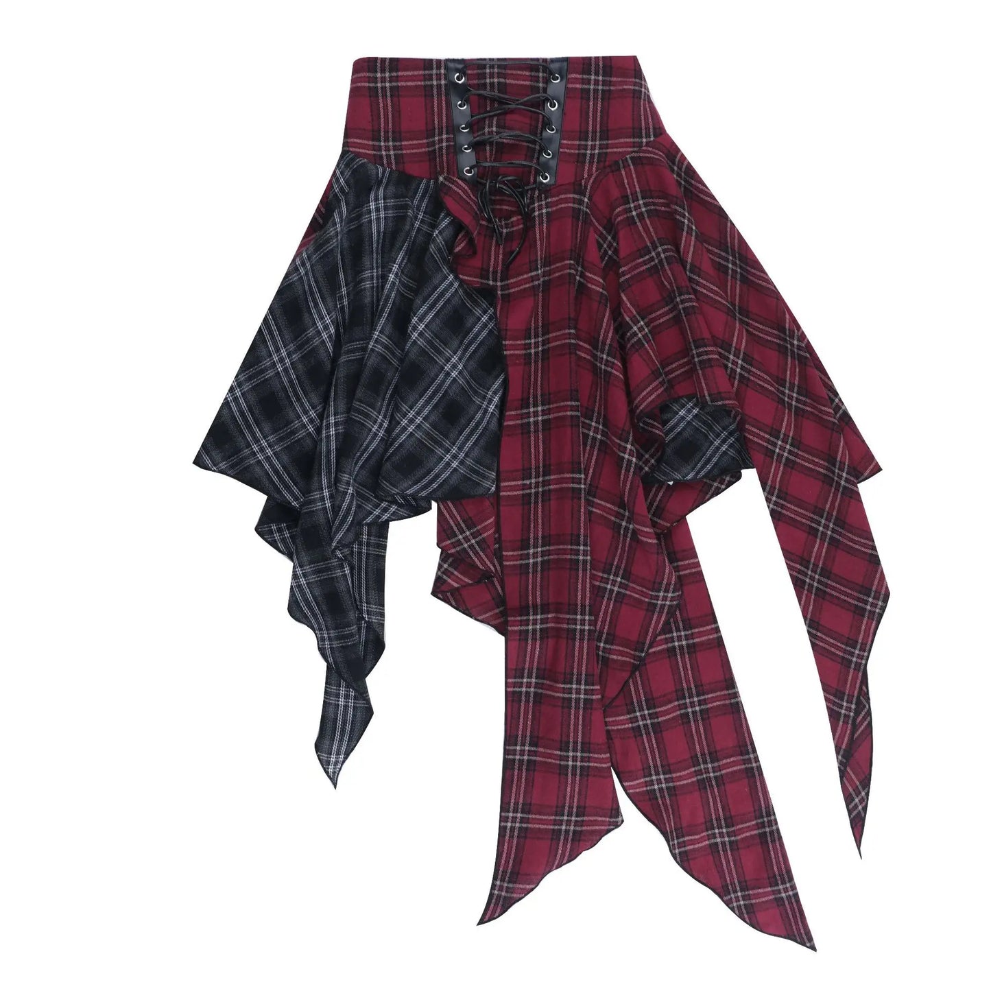 Goth Dark E-girl Streetwear Plaid Patchwork Irregular Hem Short Skirt Gothic Bottoms Y2K Punk Bandage Mini Skirts Alt Clothing