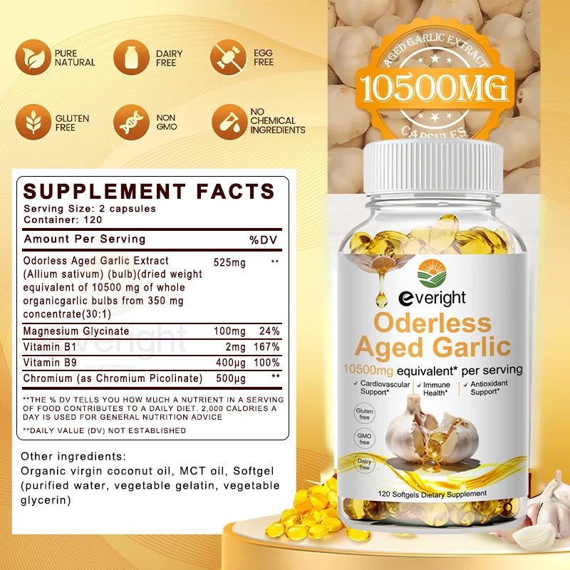 Aged Garlic Extract Capsules – Odorless Formula with Magnesium, Chromium, B1 & B9 – Supports Immune, Heart & Cardiovascular Heal