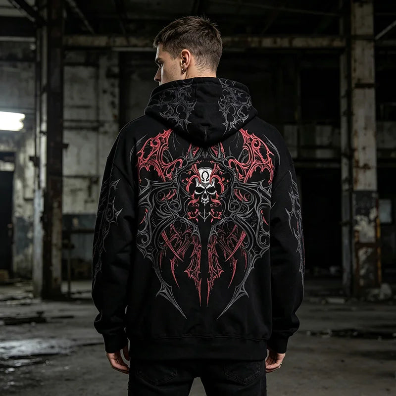Men Gothic Skull Thorn Graphic Full Zip Up Hoodie Fleece Lined Long Sleeve Winter Punk Goth Streetwear Oversized Sweatshirt